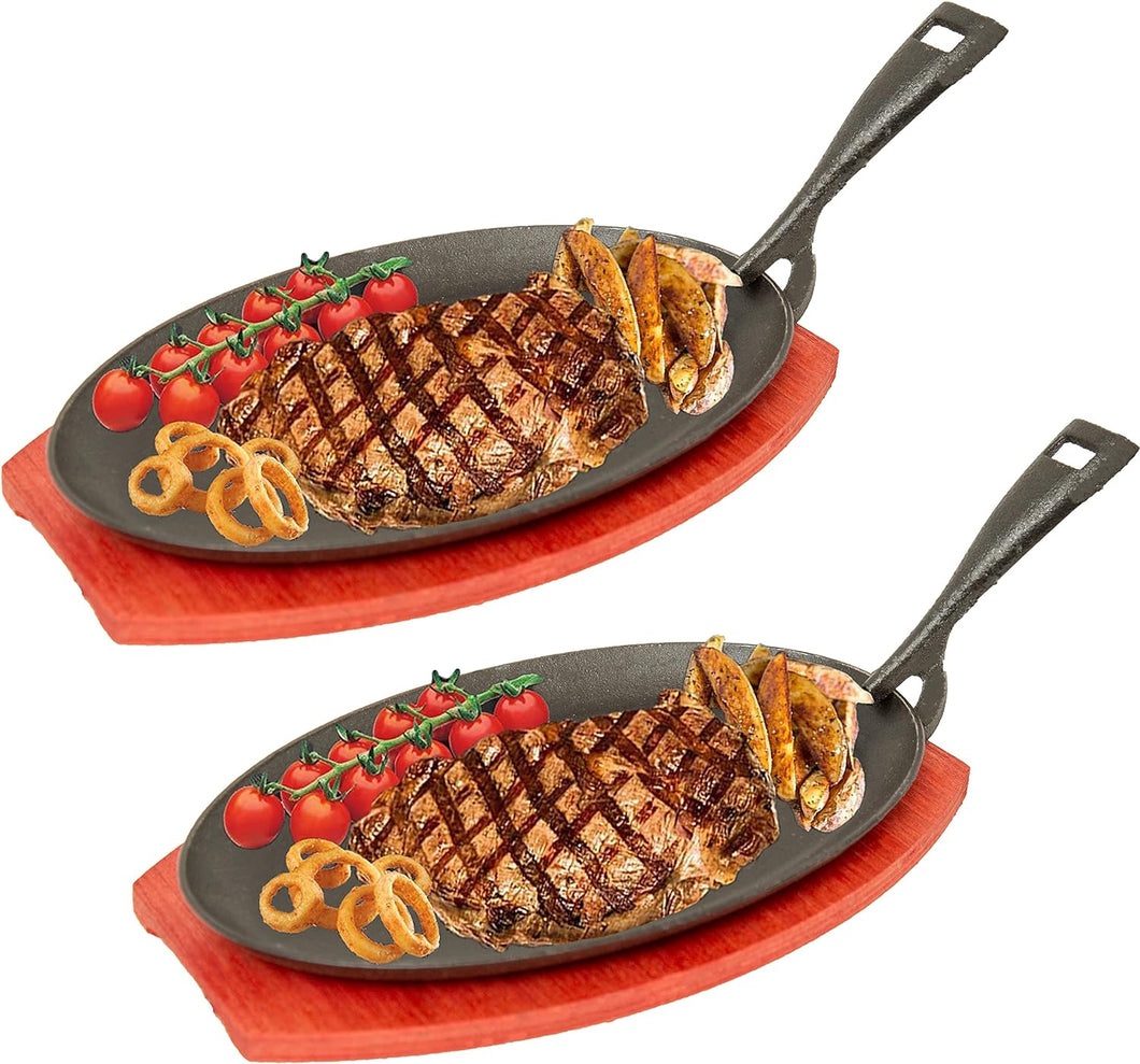 🥩 2 PCS Cast Iron Sizzler Hot Serving Steak Plate Pan with Wooden Tray - Grill Platter for Sizzling Dishes 🌶️