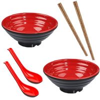 KOKOBASE 6-Piece Premium Melamine Dining Set – 2 Red & Black Bowls, 2 Spoons, 2 Pairs of Chopsticks – Versatile for Asian Cuisines, Ramen Bowl Microwave & Dishwasher Safe