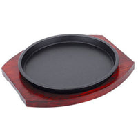 Premium Cast Iron Sizzler Plate with Wooden Tray and Handle – 24cm Round Grilling Skillet for BBQ, Steak, Kebabs