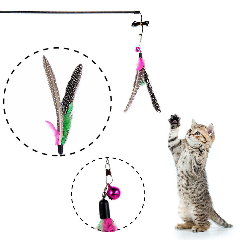 Cat Feather Wand Stick Wire Teaser Kitten Toy Dangle Bell Interactive Play Toys