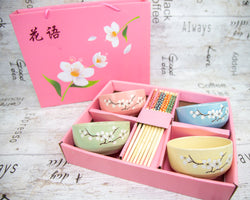 Pink Boxed Gift Set 4 Pairs Of Ceramics Chinese Chopsticks with Rice Bowls