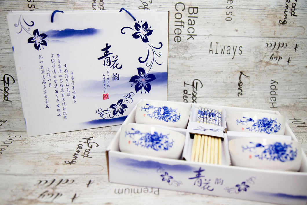 KoKobase White Boxed Gift Set 4 Pairs Of Ceramics Chinese Chopsticks with Rice Bowls Gift KOKOBASE